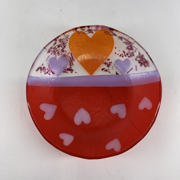 A Fox Fused Glass Heart Plate Tray 5” 1994 Art Glass Red Lavender Orange - Picture 1 of 9